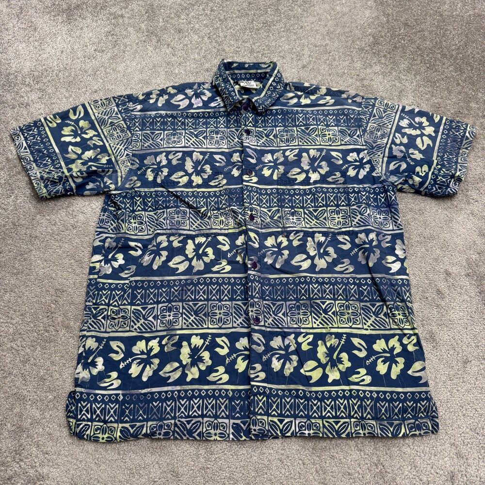 Rum Reggae Button Down Shirt Mens Large Blue Beige Floral Short Sleeve Cotton